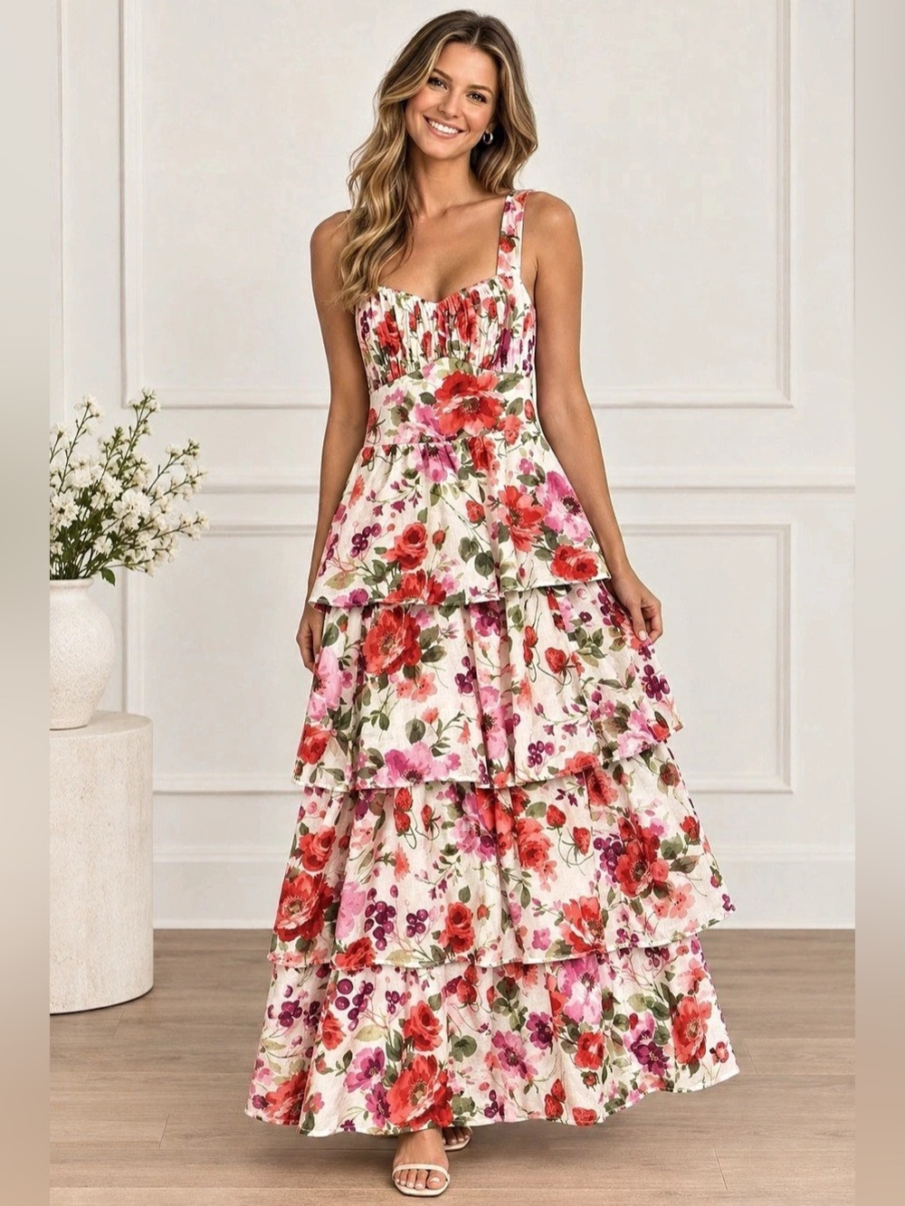 Abercrombie & Fitch Floral Tiered Maxi Dress in Pink & Red Size Small